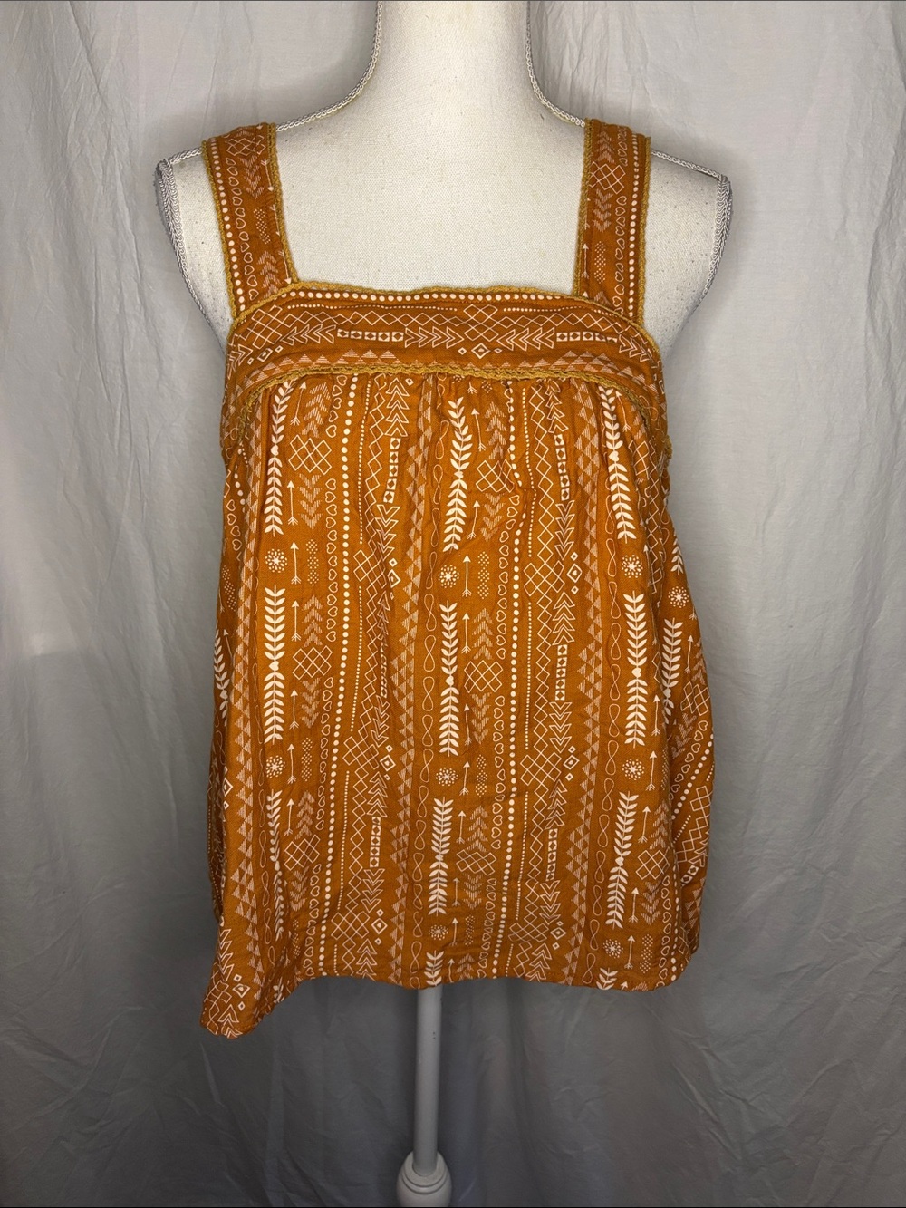 Boho Beauty In Loom Sleeveless Square-Neck Top in Mustard with White Print